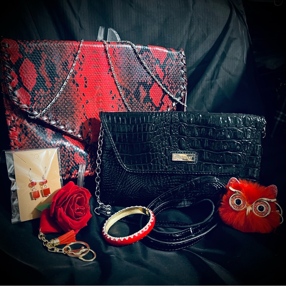 Nine West Black Clutch BUNDLE with UB Red Clutch and accessories